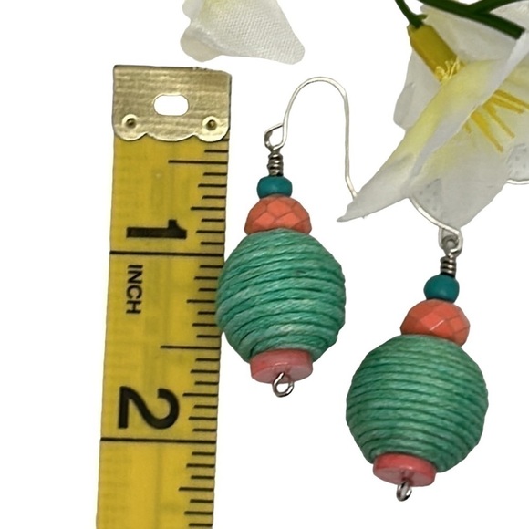 Earrings Handmade Mint Green Corded Ball/Coral Beaded Dangle Earrings - Picture 3 of 3